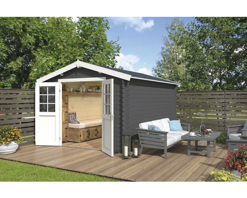 Gartenhaus Outdoor Life Norah 307,2 x 400 cm carbongrau Gartenhaus mit geöffneten Türen, Sitzbank und Gartengarnitur auf einer Holzterrasse
