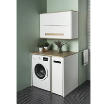 Waschküche mit Waschmaschine, Unterschrank, Arbeitsplatte und Hängeschrank