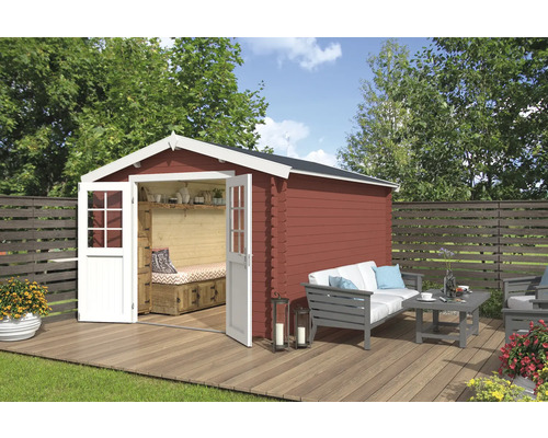 Gartenhaus Outdoor Life Norah 307,2 x 400 cm schwedischrot Holzgartenhaus mit geöffneten Doppeltüren, Holzterrasse und Sitzgruppe im Garten