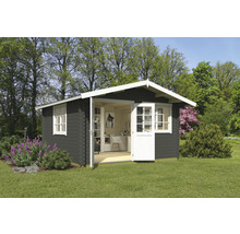 Gartenhaus aus Holz mit Fenster und geöffneter Tür