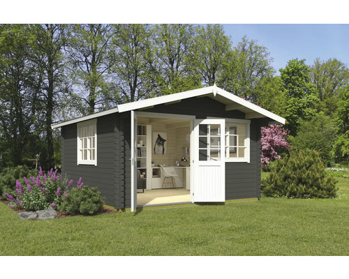 Gartenhaus Outdoor Life Norderney 3 inkl. Fußboden 444,6 x 480 cm graugrün Gartenhaus aus Holz mit Fenster und geöffneter Tür