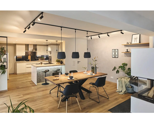 Helles Wohnzimmer mit Essbereich, Küchenzeile und schwarzer Schienenleuchte