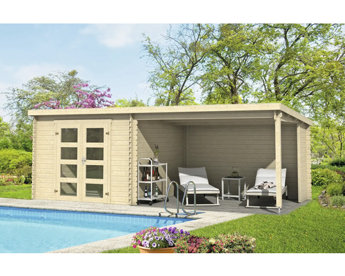 Gartenhaus Outdoor Life Novia Plus inkl. Dachanbau mit Rückwand 620 x 308,9 cm natur Gartenhaus mit Terrasse und Pool im Garten