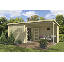 Modernes Gartenhaus aus Holz mit überdachter Terrasse und Gartenmöbeln.