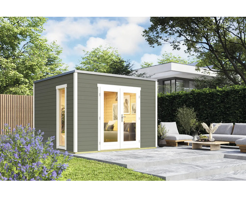 Gartenhaus Outdoor Life Palermo 1 inkl. Fußboden 300 x 302,5 cm graugrün Graues Gartenhaus mit Doppeltür und Fenster auf einer Gartenterrasse