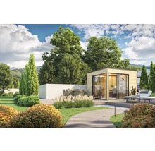 Garten mit Gartenhaus, Terrasse, Sitzgruppe und Liegestühlen für den Außenbereich