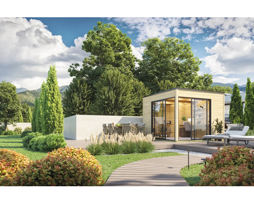 Garten mit Gartenhaus, Terrasse, Sitzgruppe und Liegestühlen für den Außenbereich