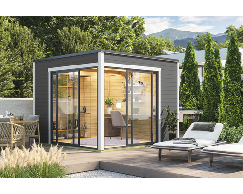 Modernes Gartenhaus mit Schiebetüren und Terrasse im Garten