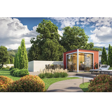 Garten mit rotem Gartenhaus, Terrasse und Sitzgruppe