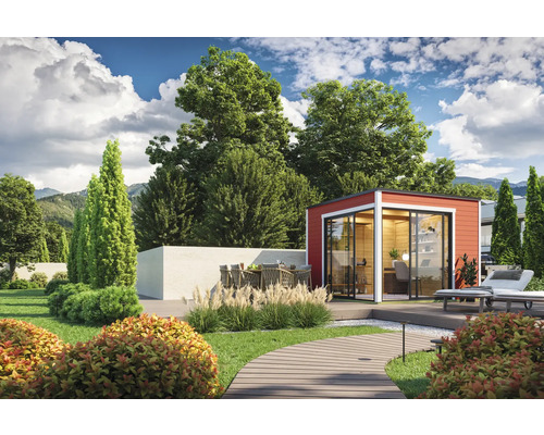 Garten mit rotem Gartenhaus, Terrasse und Sitzgruppe