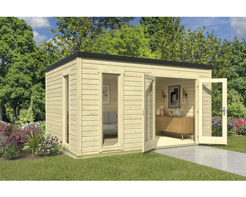 Abri de jardin moderne en bois avec fenêtre et double porte ouverte