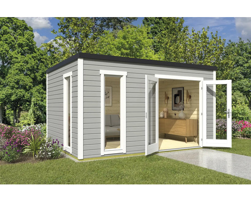 Abri de jardin Outdoor Life Palermo 4 avec plancher 400 x 302,5 cm gris clair Abri de jardin avec porte double et fenêtres dans le jardin