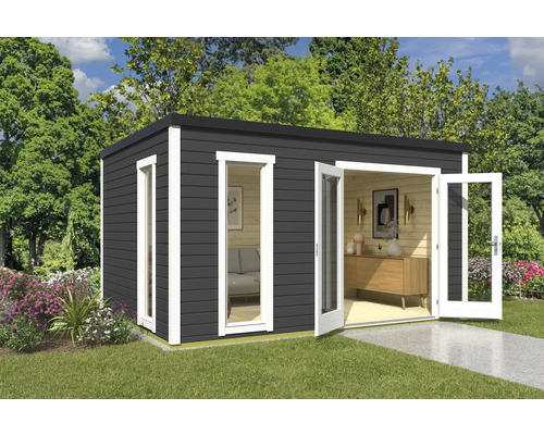 Abri de jardin Outdoor Life Palermo 4 avec plancher 400 x 302,5 cm gris carbone Abri de jardin avec fenêtres et porte double