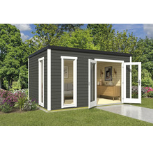 Modernes Gartenhaus mit Doppeltür und Fenstern im Garten