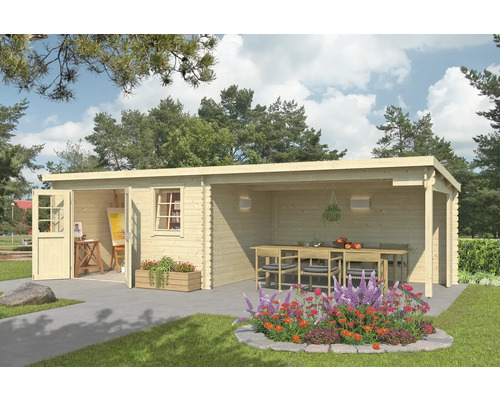 Gartenhaus Outdoor Life Reno inkl. Dachanbau mit Rückwand 780 x 313,9 cm natur Gartenhaus mit überdachter Terrasse, Gartenmöbeln und blühendem Blumengarten