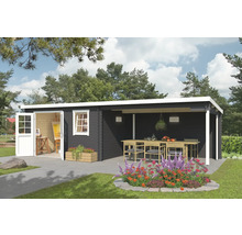 Gartenhaus mit Terrasse, Holztisch und Gartenmöbeln