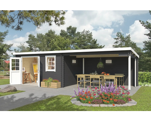 Gartenhaus Outdoor Life Reno inkl. Dachanbau mit Rückwand 780 x 313,9 cm carbongrau Gartenhaus mit Terrasse, Holztisch und Gartenmöbeln