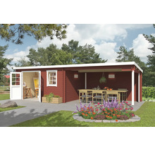 Holzgartenhaus mit überdachter Terrasse und offenstehenden Türen