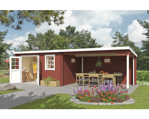 Abri de jardin Outdoor Life Reno avec avancée de toit et parroi arrière 780 x 313,9 cm rouge de falun Maison de jardin en bois avec terrasse couverte et portes ouvertes