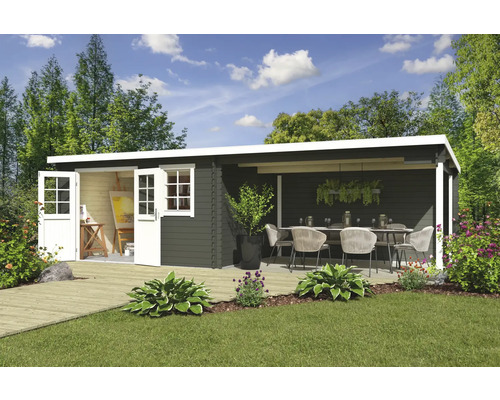 Abri de jardin Outdoor Life Reno avec avancée de toit et parroi arrière 780 x 313,9 cm vert gris Abri de jardin avec terrasse et fenêtres et portes blanches