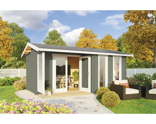 Gartenhaus Outdoor Life Riverside inkl. Fußboden 540 x 357,1 cm graugrün Gartenhaus mit geöffneten Doppeltüren, Fenstern und Gartenmöbeln im Aussenbereich.
