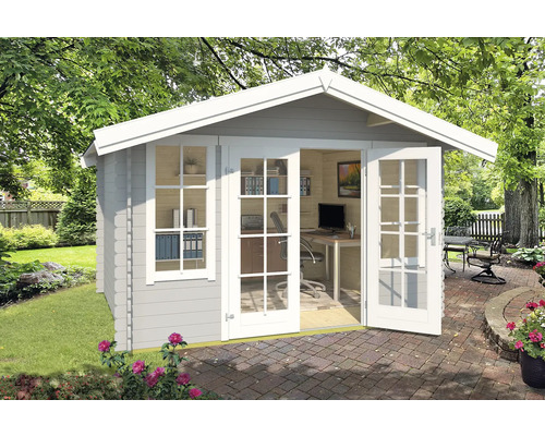 Gartenhaus Outdoor Life Robin inkl. Fußboden 381,3 x 358 cm hellgrau Gartenhaus mit Fenstern und Glastüren im Garten