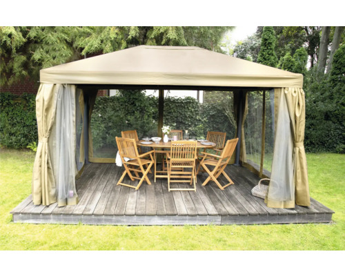 Tonnelle de jardin avec plancher en bois, table et chaises pour l''extérieur