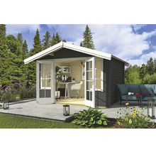 Holz Gartenhaus mit Büroausstattung und Sitzbereich im Freien auf Terrasse