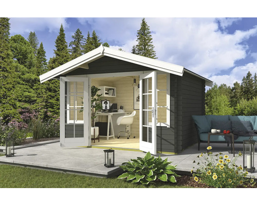 Gartenhaus Outdoor Life Robin inkl. Fußboden 381,3 x 358 cm graugrün Holz Gartenhaus mit Büroausstattung und Sitzbereich im Freien auf Terrasse