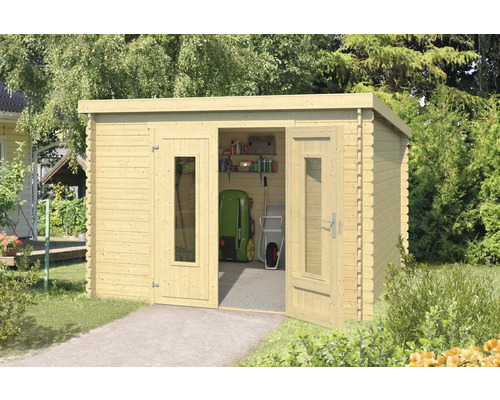 Abri de jardin Outdoor Life Sacramento 312 x 319 cm nature Abri de jardin en bois avec double porte et fenêtres pour ranger les outils de jardin.