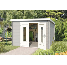 Gartenhaus mit Doppeltür und Gartengeräten