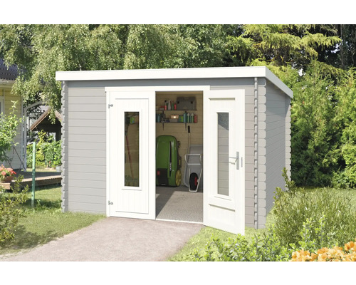 Gartenhaus Outdoor Life Sacramento 312 x 319 cm hellgrau Gartenhaus mit Doppeltür und Gartengeräten