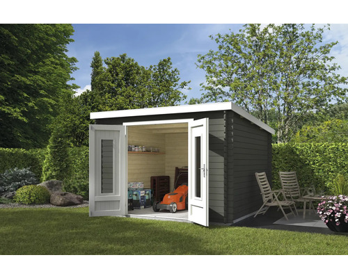 Gartenhaus Outdoor Life Sacramento 312 x 319 cm graugrün Gartenhaus mit geöffneten Doppeltüren, Rasenmäher und Gartengeräten im Inneren