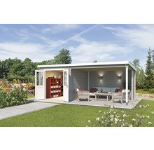 Holz Gartenhaus mit Terrasse, Gartenmöbeln und Regal für Gartengeräte