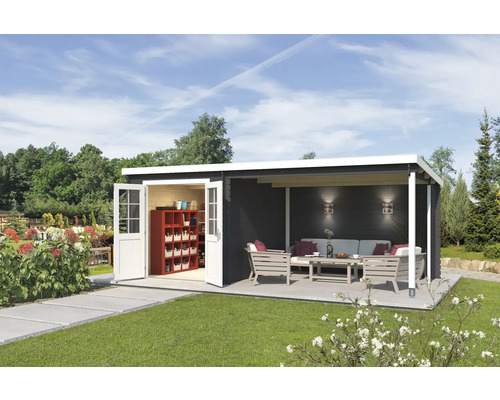 Abri de jardin Outdoor Life Saint Paul avec avancée de toit et parroi arrière 590 x 303,9 cm gris carbone Abri de jardin moderne avec terrasse et portes doubles ouvertes.