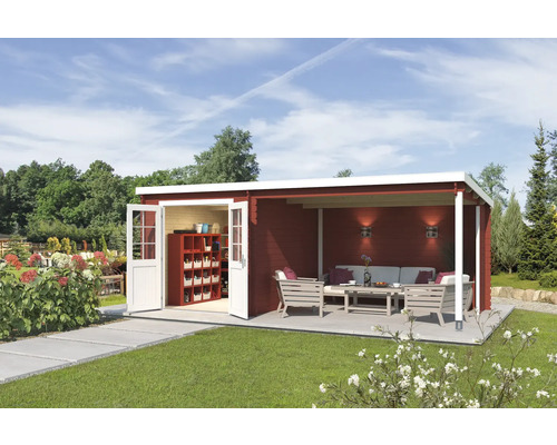 Abri de jardin Outdoor Life Saint Paul avec avancée de toit et parroi arrière 590 x 303,9 cm rouge de falun Abri de jardin moderne avec terrasse et portes ouvertes dans un jardin