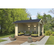 Pavillon de jardin en bois avec des meubles sur une terrasse