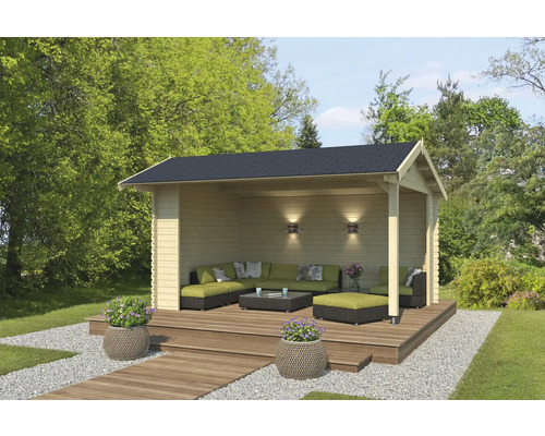 Pavillon de jardin en bois avec des meubles sur une terrasse