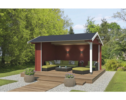 Maison de jardin en bois avec terrasse couverte et mobilier de jardin sur une terrasse en bois.