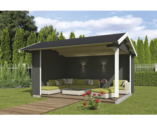 Pavillon de jardin en bois avec coin salon dans le jardin.