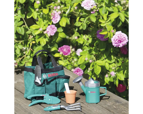 Bosch Logo Kinder-Gartenset mit Tasche, Schaufel, Harke, Gartenschere und Giesskanne