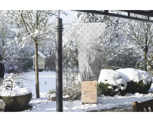 Paysage hivernal avec sac de protection des plantes sur une plante