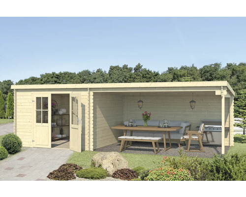 Gartenhaus Outdoor Life St. Louis inkl. Dachanbau mit Rückwand 701 x 319 cm natur Gartenhaus mit überdachtem Sitzbereich, Holztisch, Bank und Grill