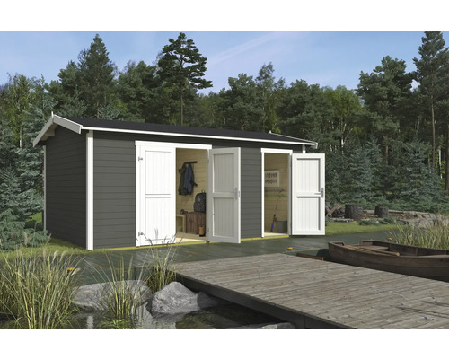 Gartenhaus Outdoor Life Tuvalu inkl. Fußboden 540 x 331,2 cm graugrün Gartenhaus mit Doppeltür und Satteldach auf Holzsteg am See