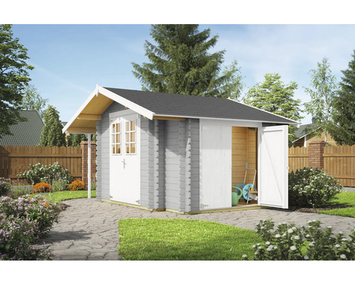 Graues Gartenhaus mit Doppeltür und Satteldach im Garten
