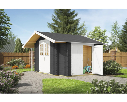 Gartenhaus mit Doppeltür und geöffneter Tür zur Gartengeräteaufbewahrung