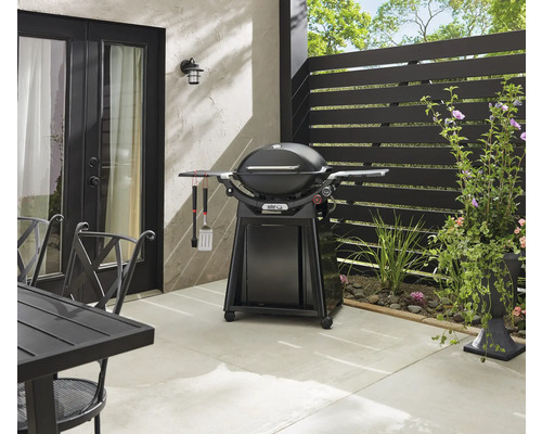 Extérieur avec barbecue sphérique, ustensiles de barbecue et table de jardin sur une terrasse
