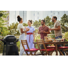 Scène avec barbecue, table de jardin et quatre personnes lors d''une garden-party.