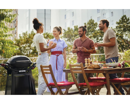 Scène avec barbecue, table de jardin et quatre personnes lors d''une garden-party.