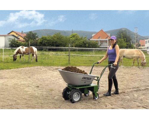 Frau schiebt eine Schubkarre mit Pferdekot auf einer Koppel mit Pferden